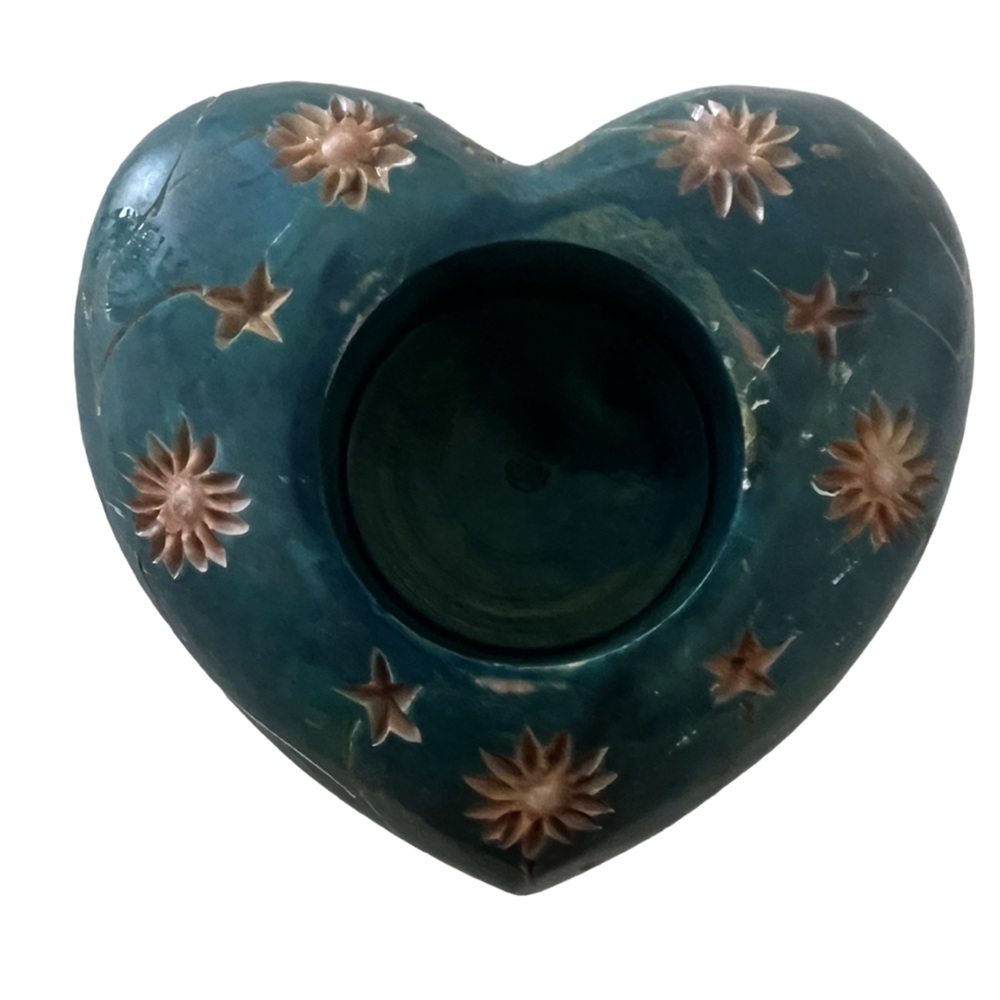 Heart Soapstone Tea Light Candle Holder Turquoise Green Etched Flowers 4”x4”